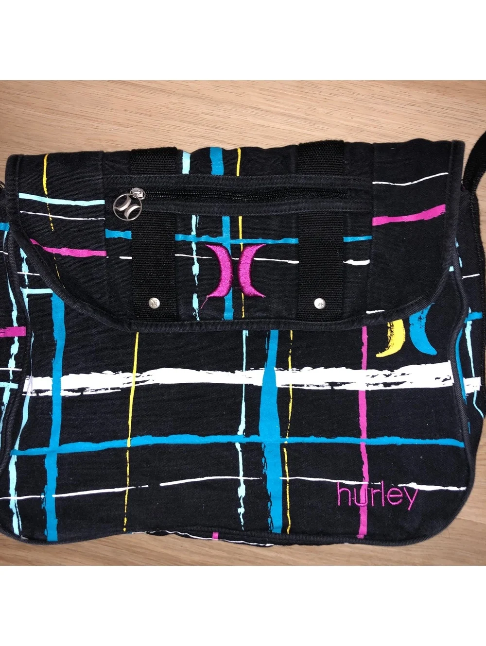 Vintage Hurley Wide Strap Shoulder Courier Messenger Tote Bag Y2K Black Rainbow